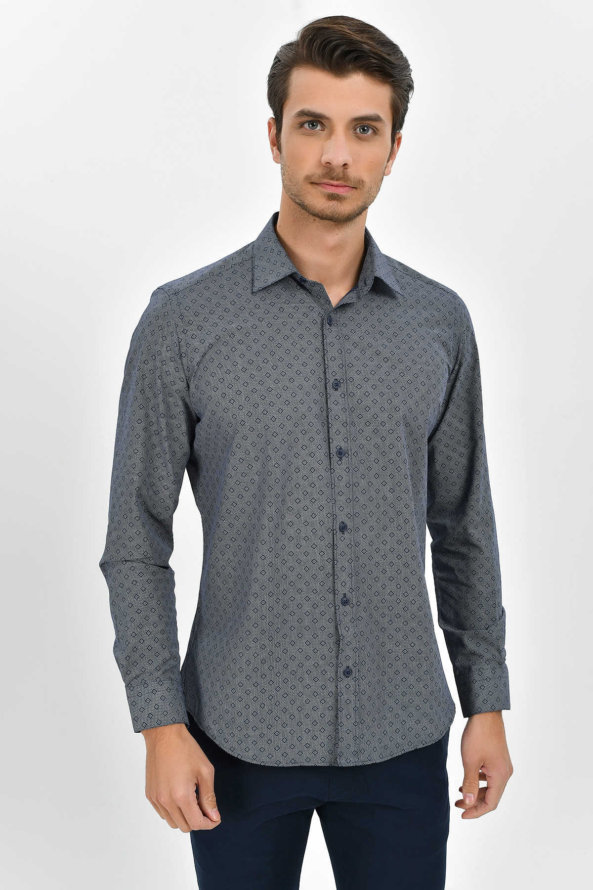 Slim Fit Printed Cotton Blend Casual Shirt Navy B. - MIB