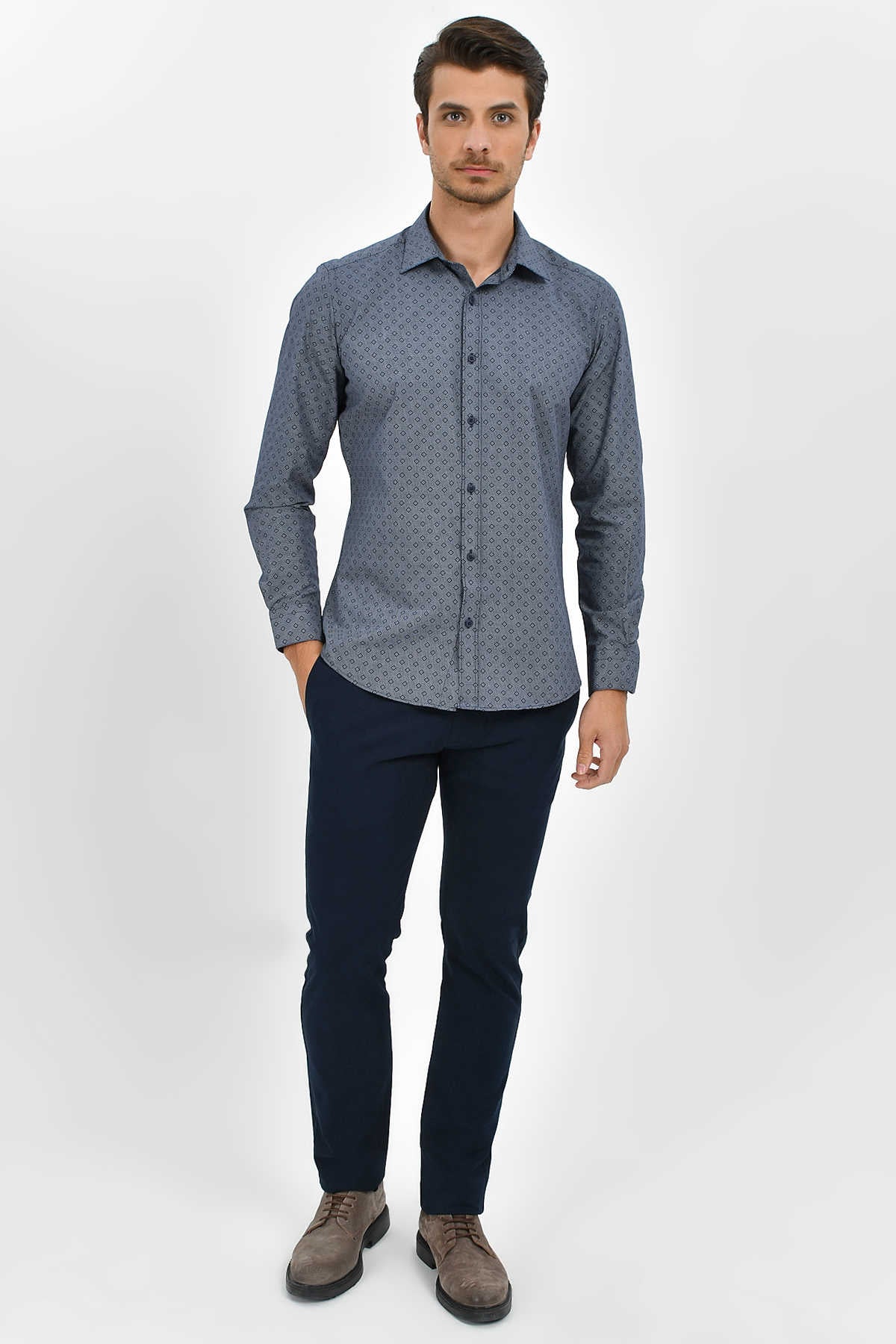 Slim Fit Printed Cotton Blend Casual Shirt Navy B. - MIB