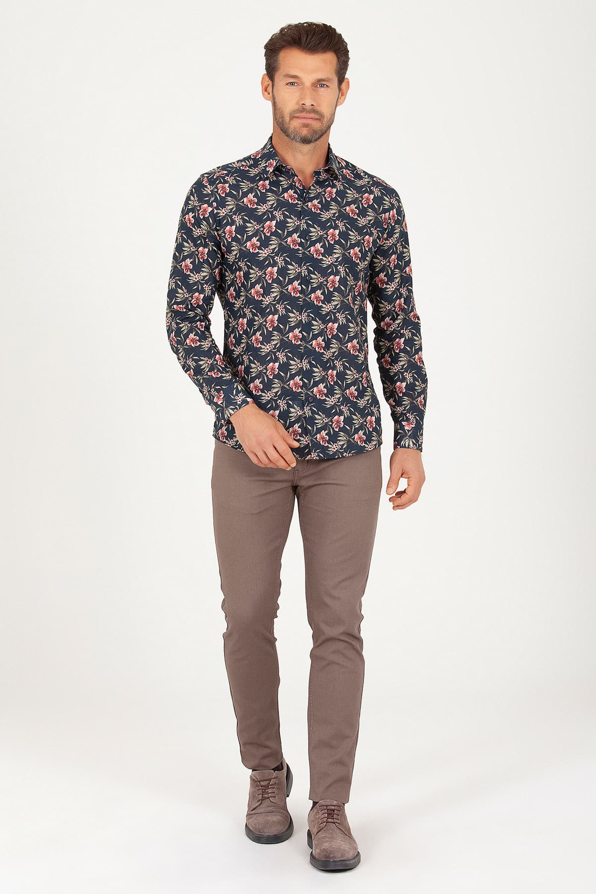 Slim Fit Printed Cotton Floral Navy Casual Shirt - MIB