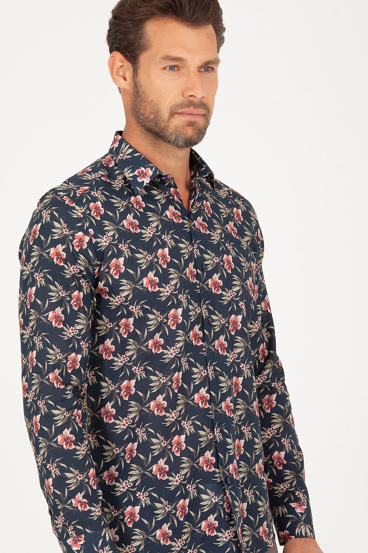 Slim Fit Printed Cotton Floral Navy Casual Shirt - MIB