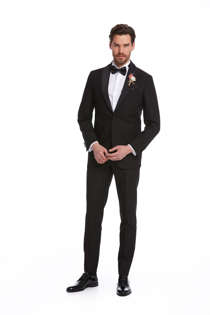 Slim Fit Release Shawl Lapel Plain Black Classic Tuxedo