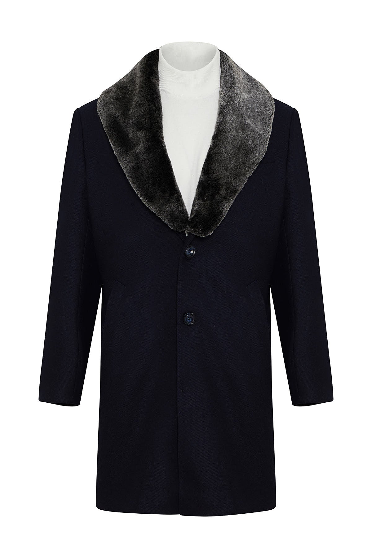 Slim Fit Shawl Collar Cachet Navy Wool Blend Overcoat