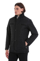 Slim Fit Stand Collar Basic Black Coat - SAYKI