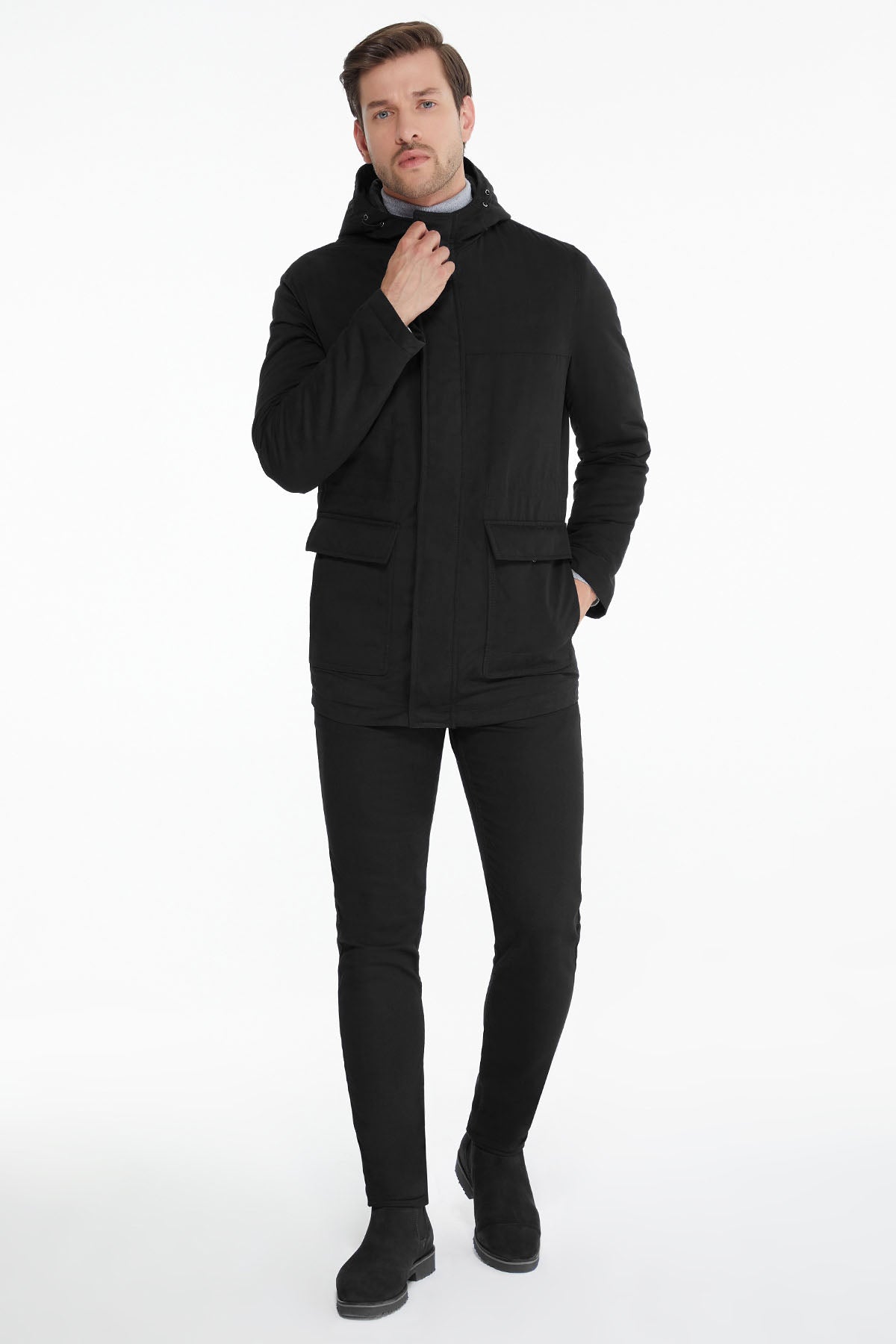 Slim Fit Stand Collar Hooded Black Coat - SAYKI