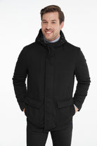 Slim Fit Stand Collar Hooded Black Coat - SAYKI