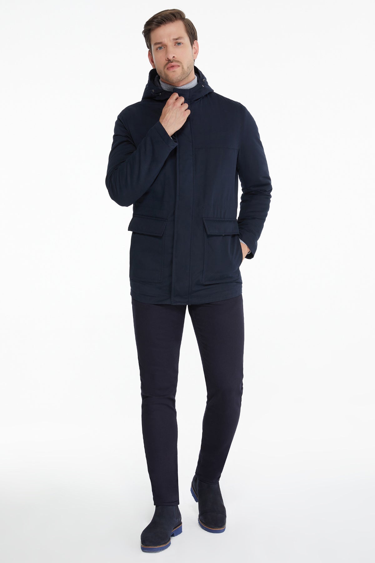 Slim Fit Stand Collar Hooded Navy Coat - SAYKI