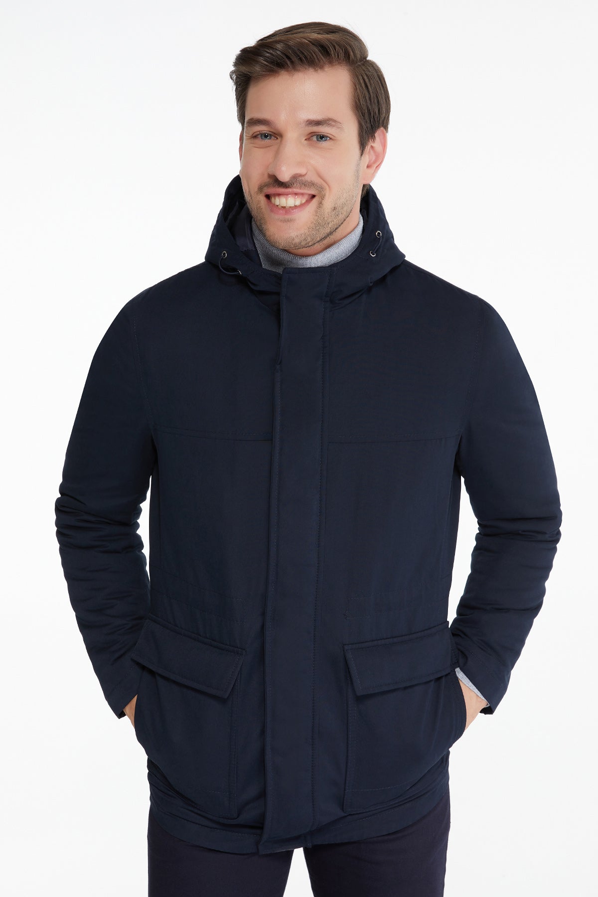 Slim Fit Stand Collar Hooded Navy Coat - SAYKI