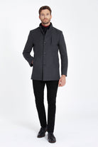 Slim Fit Stand Collar Textured Dark Gray Wool Blend