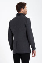 Slim Fit Stand Collar Textured Dark Gray Wool Blend