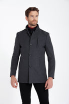 Slim Fit Stand Collar Textured Dark Gray Wool Blend