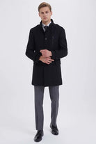 Slim Fit Stand Collar Wool Black Overcoat Black - MIB