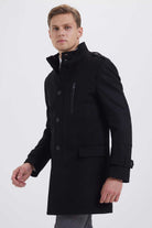 Slim Fit Stand Collar Wool Black Overcoat Black - MIB