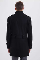 Slim Fit Stand Collar Wool Black Overcoat Black - MIB