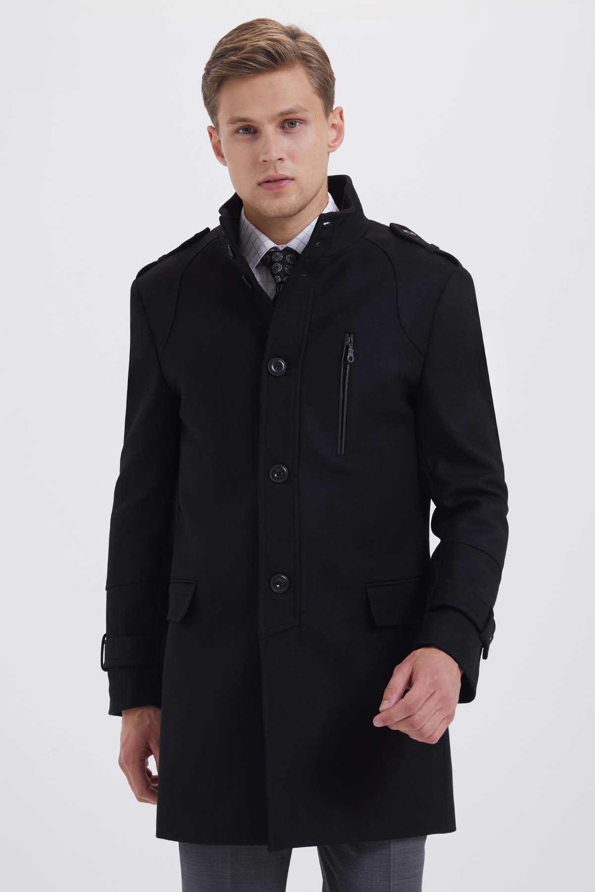 Slim Fit Stand Collar Wool Black Overcoat Black - MIB