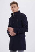 Slim Fit Stand Collar Wool Black Overcoat Light Navy - MIB