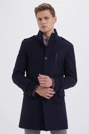 Slim Fit Stand Collar Wool Black Overcoat Light Navy - MIB