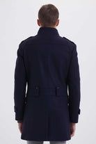 Slim Fit Stand Collar Wool Black Overcoat Light Navy - MIB