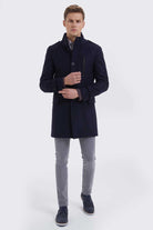 Slim Fit Stand Collar Wool Black Overcoat Light Navy - MIB