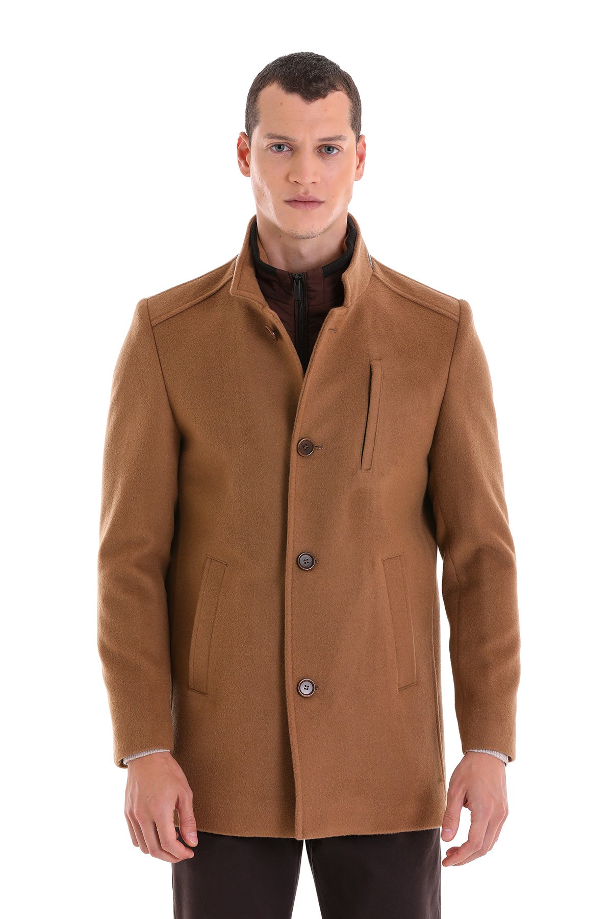 Slim Fit Stand Collar Wool Blend Camel Overcoat - SAYKI