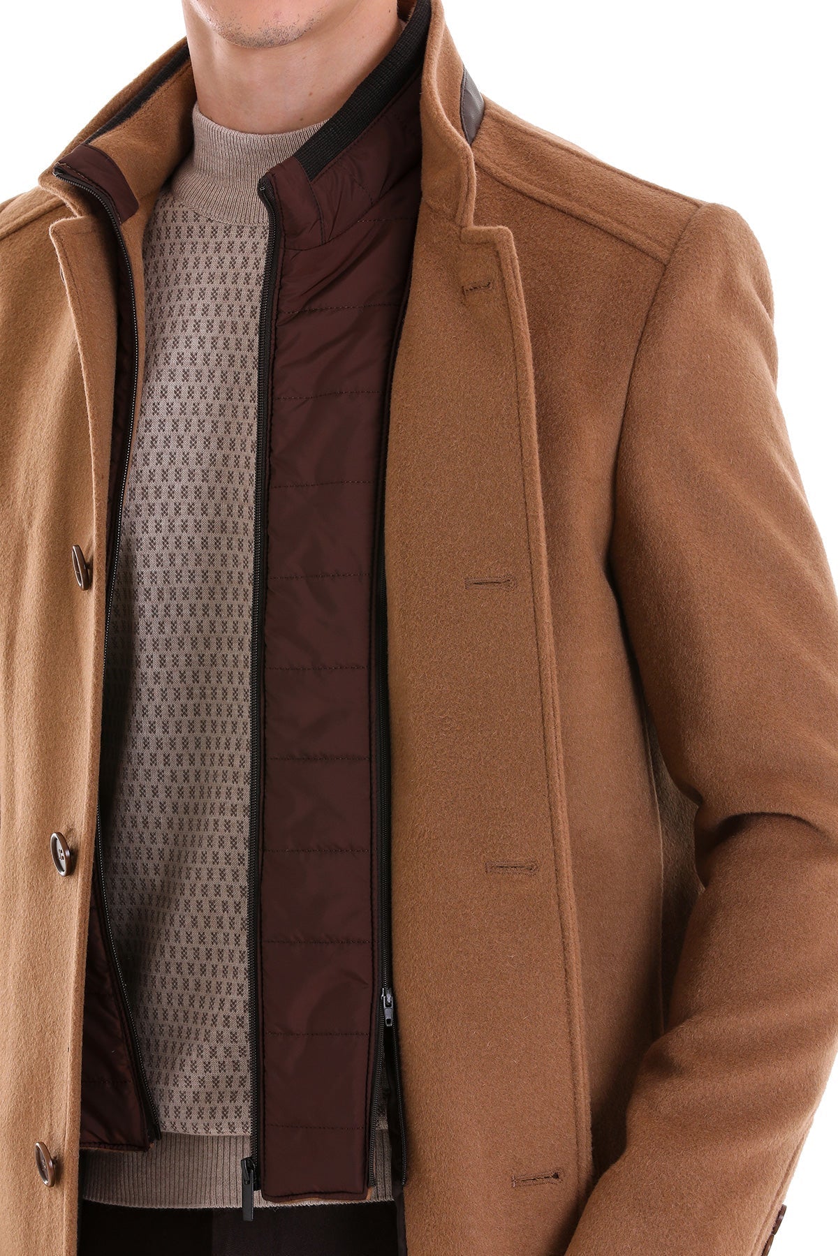 Slim Fit Stand Collar Wool Blend Camel Overcoat - SAYKI