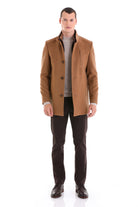 Slim Fit Stand Collar Wool Blend Camel Overcoat - SAYKI