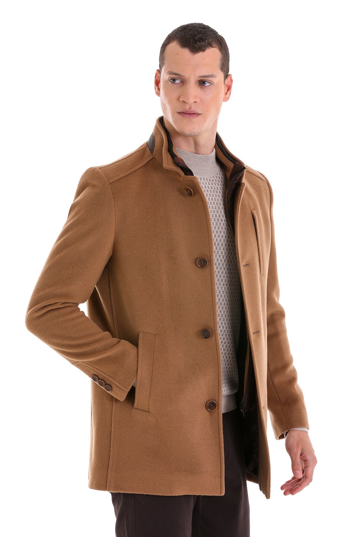 Slim Fit Stand Collar Wool Blend Camel Overcoat - SAYKI