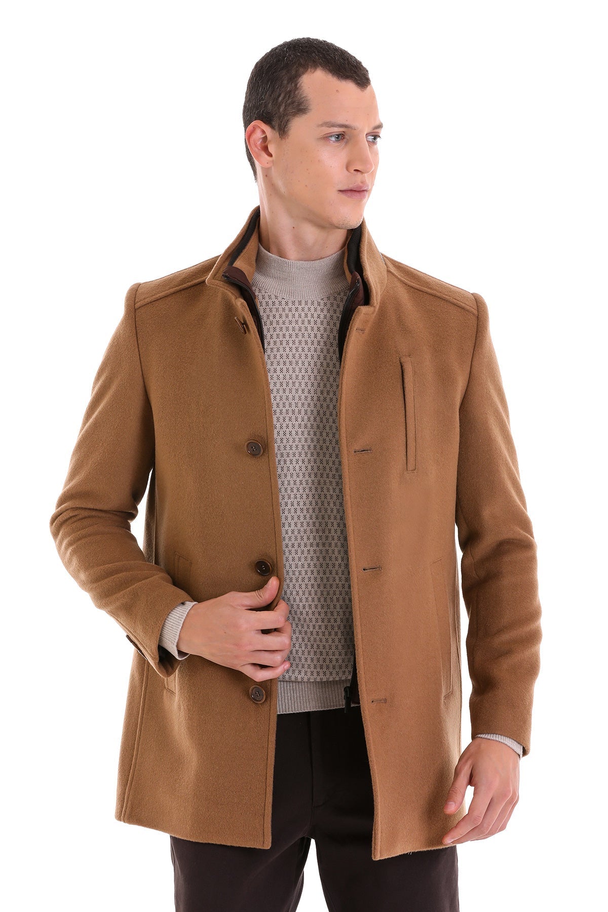 Slim Fit Stand Collar Wool Blend Camel Overcoat - SAYKI