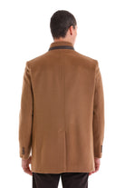 Slim Fit Stand Collar Wool Blend Camel Overcoat - SAYKI