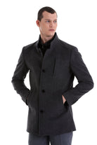 Slim Fit Stand Collar Wool Blend Dark Gray Overcoat - SAYKI