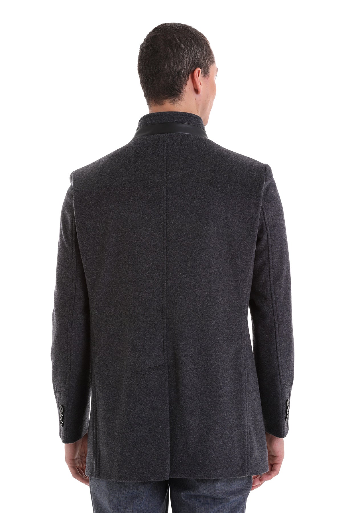 Slim Fit Stand Collar Wool Blend Dark Gray Overcoat - SAYKI