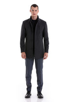 Slim Fit Stand Collar Wool Blend Dark Gray Overcoat - SAYKI