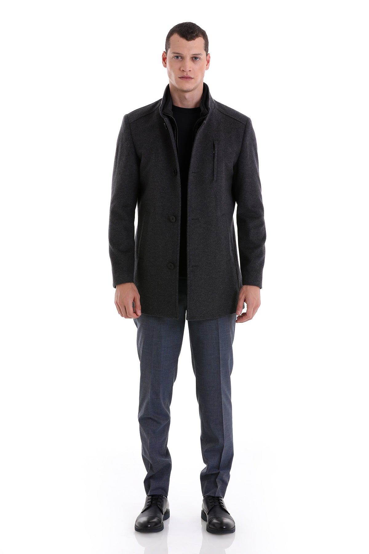 Slim Fit Stand Collar Wool Blend Dark Gray Overcoat - SAYKI