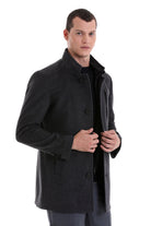 Slim Fit Stand Collar Wool Blend Dark Gray Overcoat - SAYKI