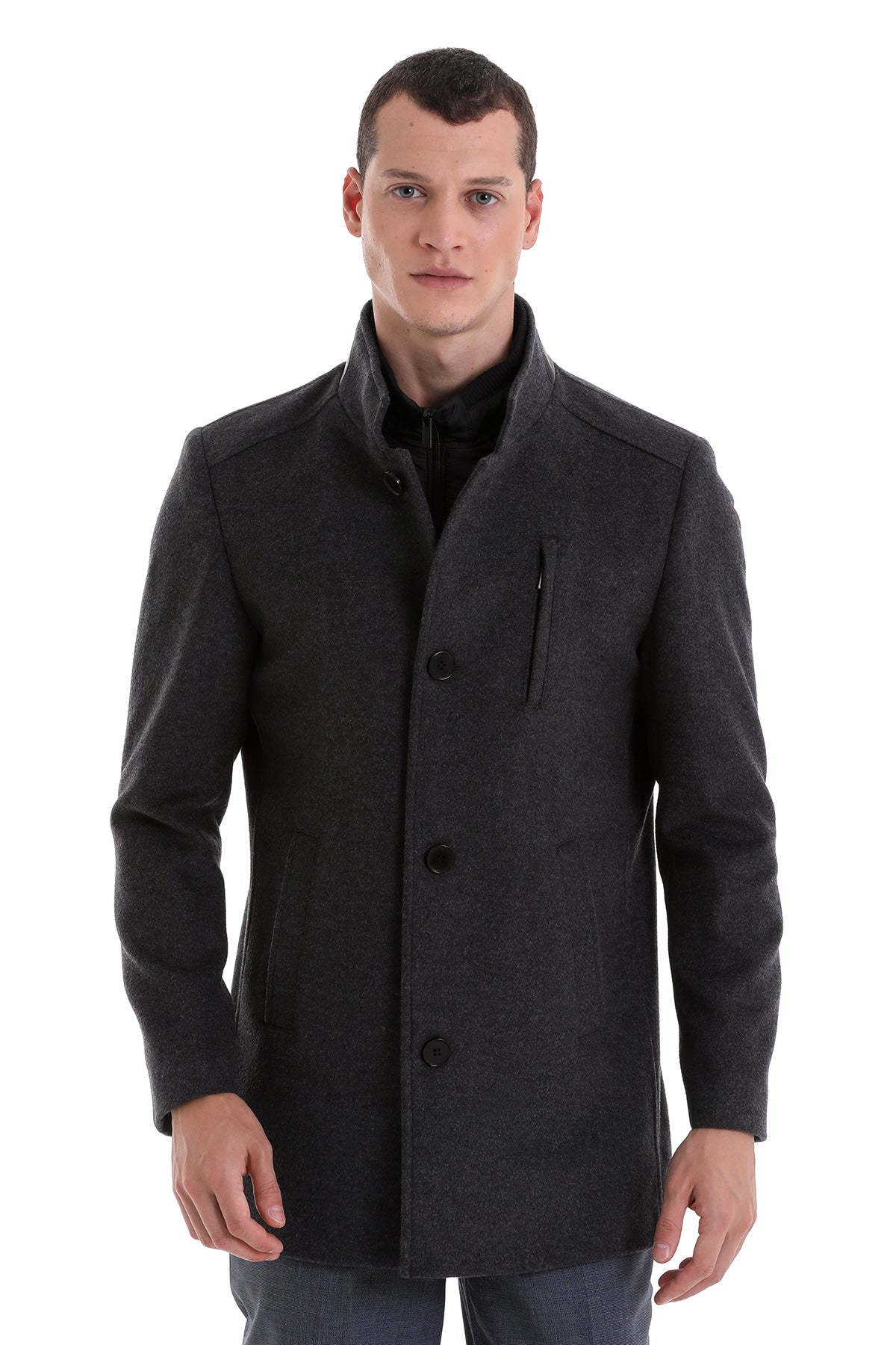 Slim Fit Stand Collar Wool Blend Dark Gray Overcoat - SAYKI