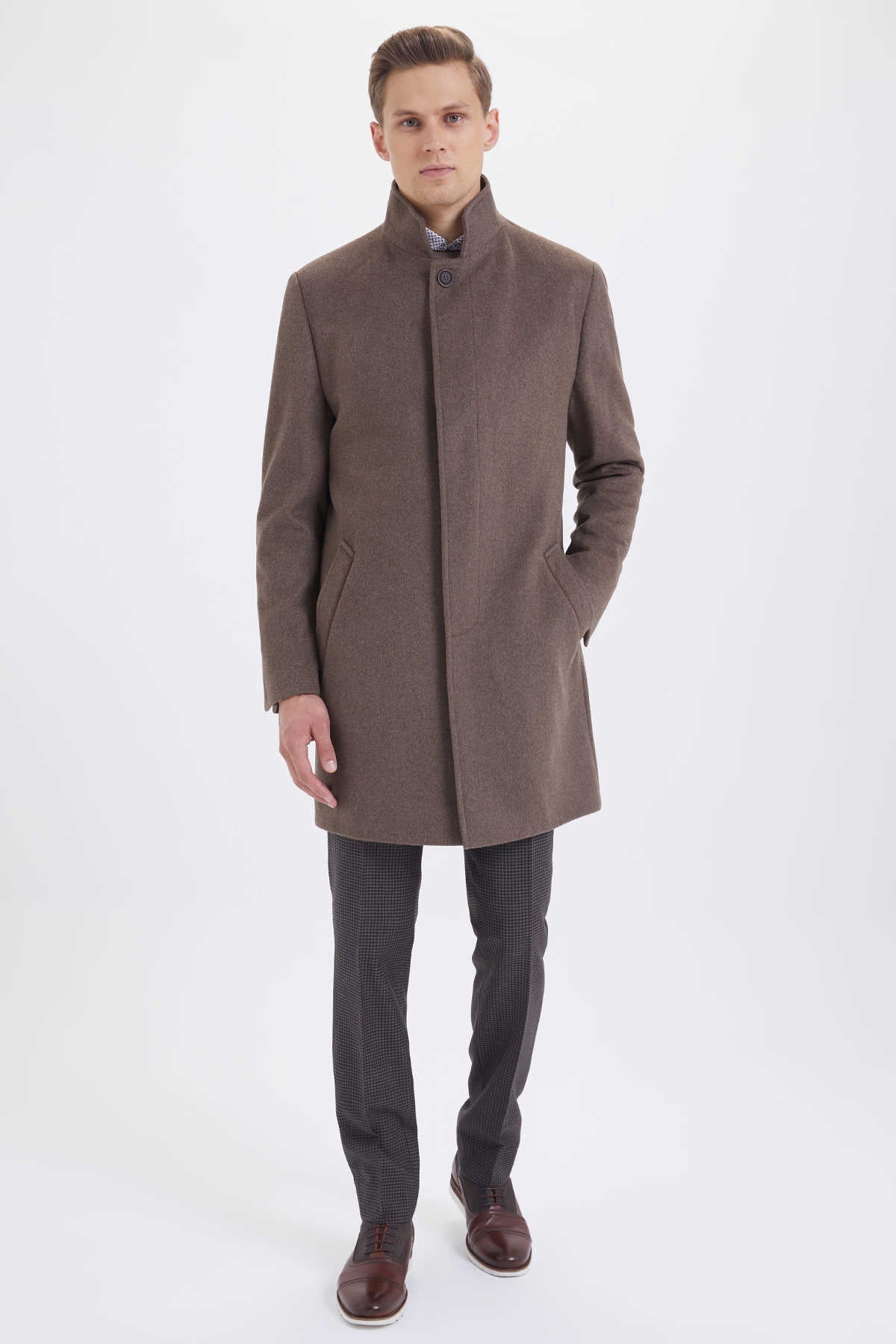 Slim Fit Stand Collar Wool Brown Overcoat Brown - MIB