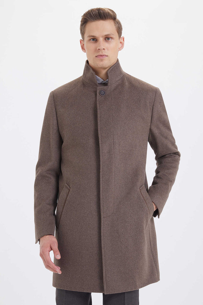 Slim Fit Stand Collar Wool Brown Overcoat Brown - MIB