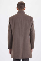 Slim Fit Stand Collar Wool Brown Overcoat Brown - MIB