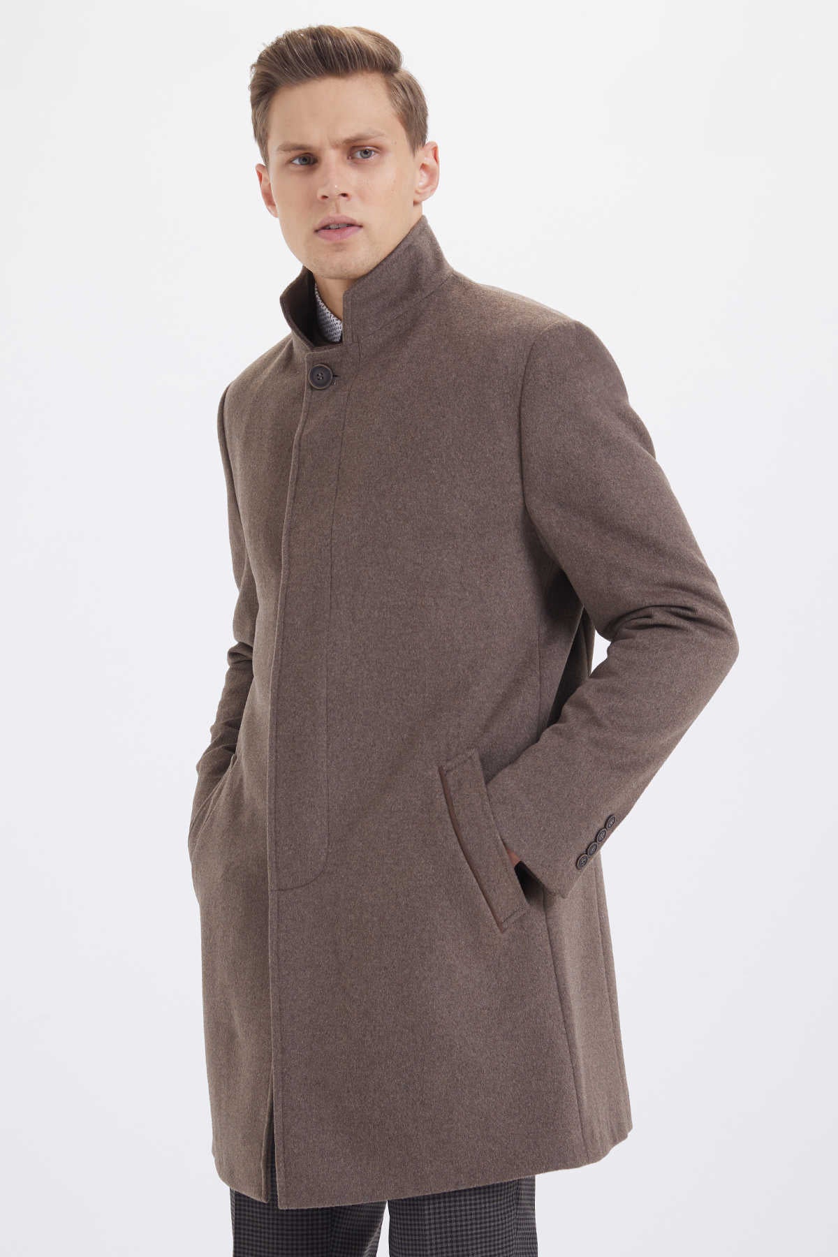 Slim Fit Stand Collar Wool Brown Overcoat Brown - MIB