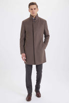 Slim Fit Stand Collar Wool Brown Overcoat Brown - MIB