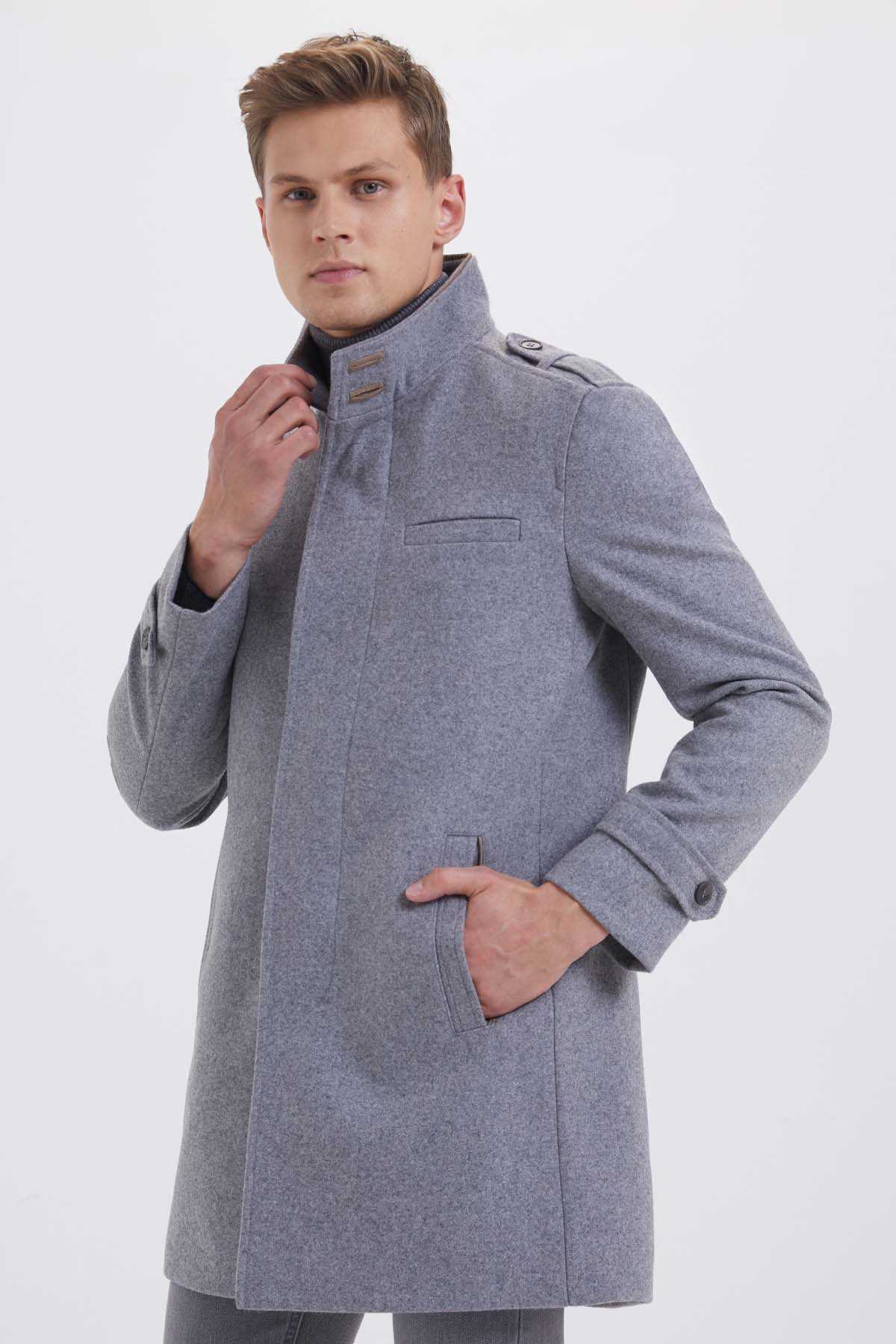 Slim Fit Stand Collar Wool Cappuccino Overcoat Gray - MIB