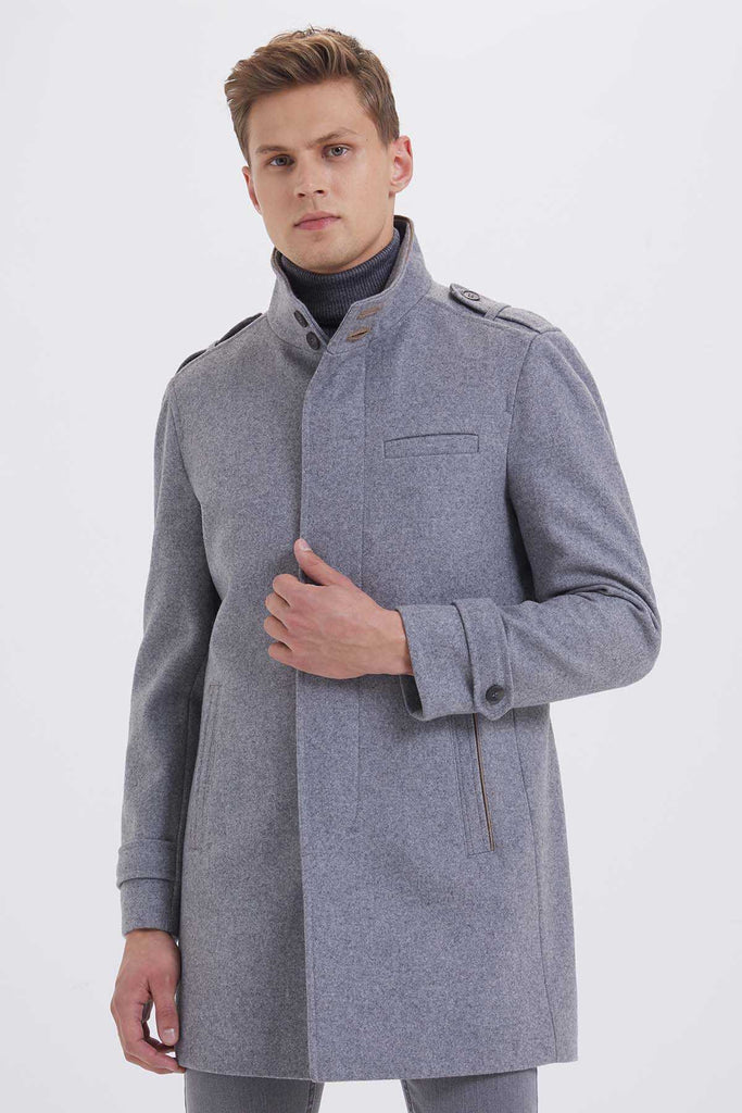 Slim Fit Stand Collar Wool Cappuccino Overcoat Gray - MIB