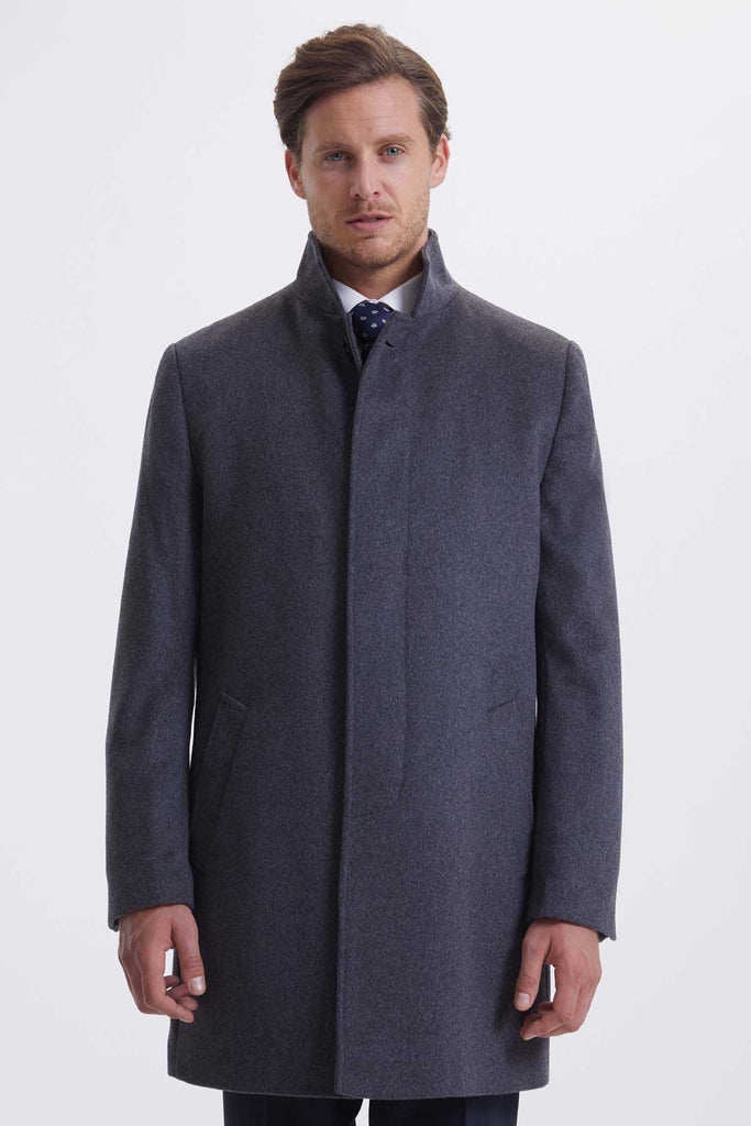 Slim Fit Stand Collar Wool Gray Overcoat Gray - MIB