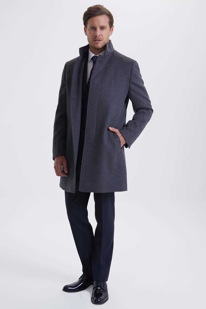 Slim Fit Stand Collar Wool Gray Overcoat Gray - MIB