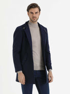 Slim Fit Stand Collar Woollen Overcoat Indigo - Sayki