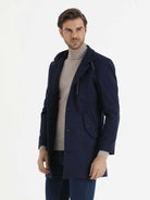 Slim Fit Stand Collar Woollen Overcoat Indigo - Sayki