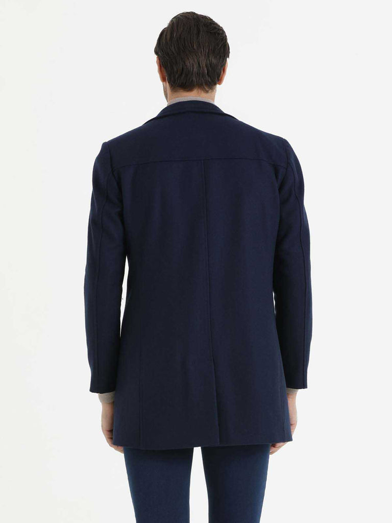 Slim Fit Stand Collar Woollen Overcoat Indigo - Sayki