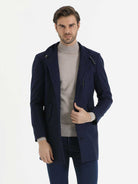 Slim Fit Stand Collar Woollen Overcoat Indigo - Sayki