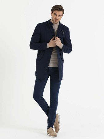 Slim Fit Stand Collar Woollen Overcoat Indigo - Sayki