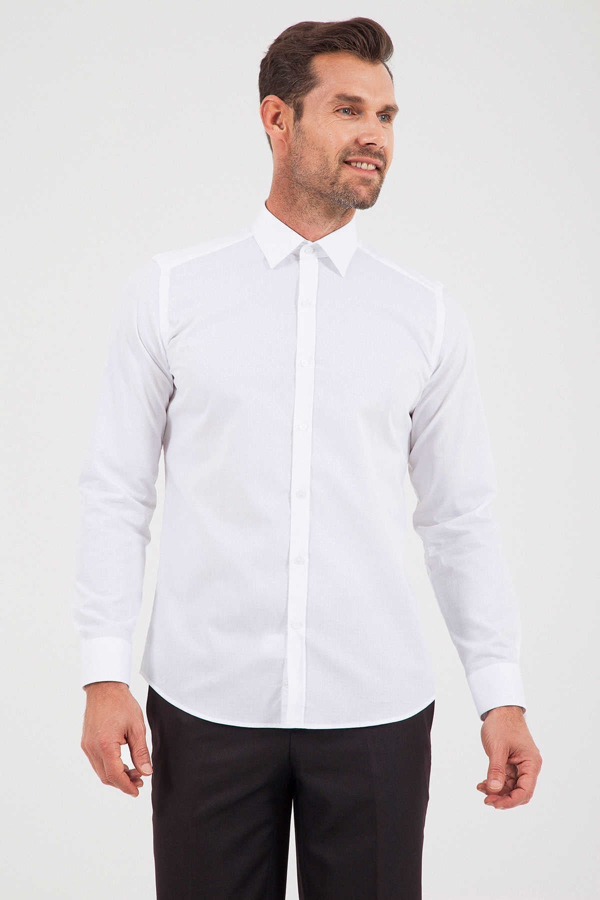 Slim Fit Straight Point Collar Cotton White Dress Shirt