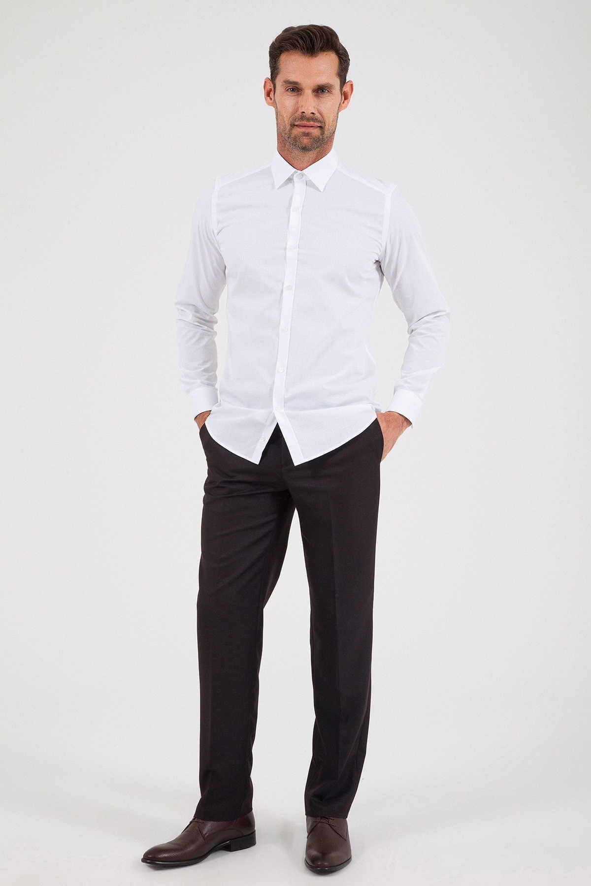 Slim Fit Straight Point Collar Cotton White Dress Shirt